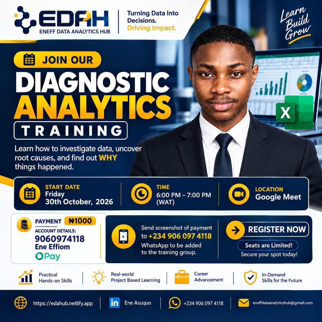 EDAH Diagnostics Analytics Training flyer — Friday 30 Oct 2026, 6PM WAT, ₦1,000