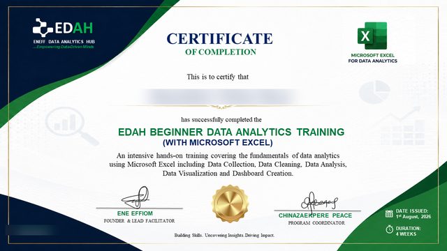 Sample EDAH Beginner Data Analytics (Excel) completion certificate — recipient name blurred for privacy